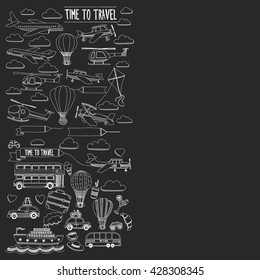 Vector doodle set of travel and transportation Car plane helicopter ballon ship