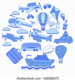 Vector doodle set of travel and transportation Car plane helicopter ballon ship