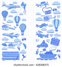 Vector doodle set of travel and transportation Car plane helicopter ballon ship