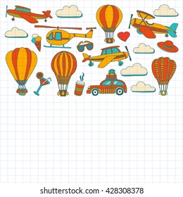 Vector doodle set of travel and transportation Car plane helicopter ballon ship