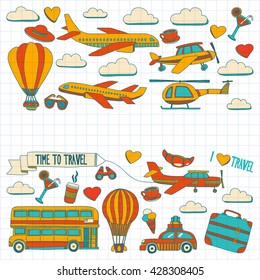 Vector doodle set of travel and transportation Car plane helicopter ballon ship