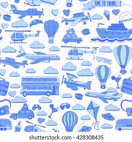 Vector doodle set of travel and transportation Car plane helicopter ballon ship