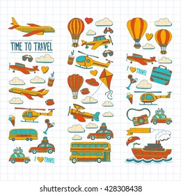 Vector doodle set of travel and transportation Car plane helicopter ballon ship