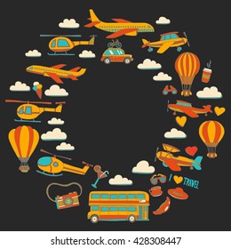 Vector doodle set of travel and transportation Car plane helicopter ballon ship