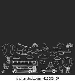 Vector doodle set of travel and transportation Car plane helicopter ballon ship
