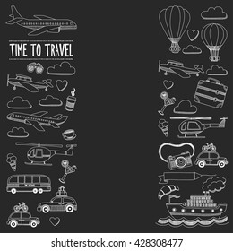 Vector doodle set of travel and transportation Car plane helicopter ballon ship