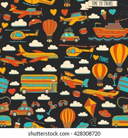 Vector doodle set of travel and transportation Car plane helicopter ballon ship