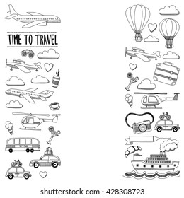 Vector doodle set of travel and transportation Car plane helicopter ballon ship