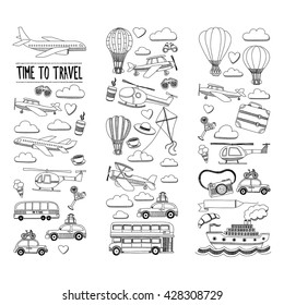 Vektorillustration-Doodle-Set Reise- und Transport-Flugzeug-Hubschrauber-Ballonschiff