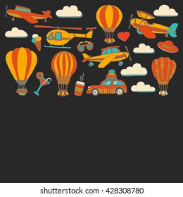 Vector doodle set of travel and transportation Car plane helicopter ballon ship