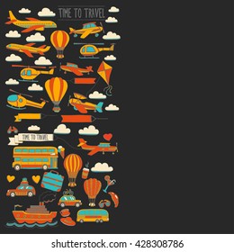 Vector doodle set of travel and transportation Car plane helicopter ballon ship