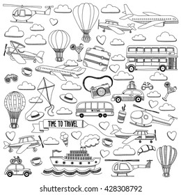 Vector doodle set of travel and transportation Car plane helicopter ballon ship