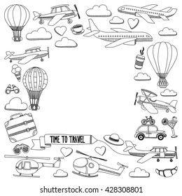 Vector doodle set of travel and transportation Car plane helicopter ballon ship