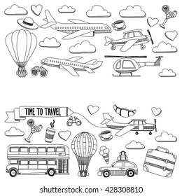 Vector doodle set of travel and transportation Car plane helicopter ballon ship