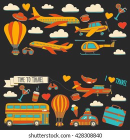 Vector doodle set of travel and transportation Car plane helicopter ballon ship