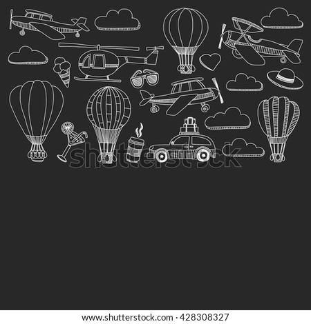 Vector doodle set of travel and transportation Car plane helicopter ballon ship