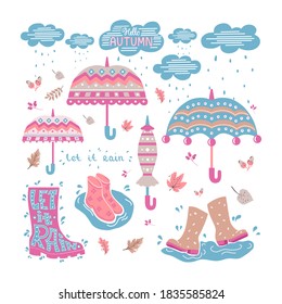 Vector Doodle set with umbrellas, clouds, rubber clouds. Isolated background.