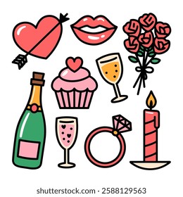 Vector doodle set of Valentine's Day themed icons including a heart, cupcake, champagne