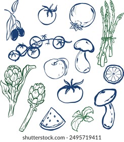 Vektordoodle-Set aus Gemüse und Obst. Handgezeichneter frischer linearer Pilz, Tomate, Artischocke und Oliven einzeln auf weißem Hintergrund. Leckere Lebensmittel-Illustration für Design, Druck, Stoff oder Hintergrund.