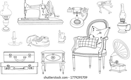 Vector doodle set of the vintage objects