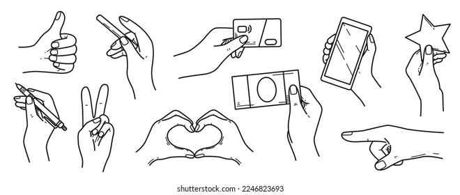 Vector doodle set of woman hands holding pen, money, bank card, phone, cigarette. Fingers showing peace sign, thumb up, pointing and heart gesture. Hand drawing collection isolated on white background