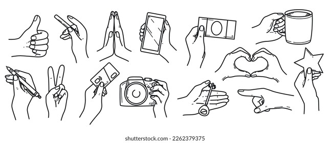 Vector doodle set woman hands holding cup  pen  money  key  bank card  smartphone   cigarette  Hand drawing fingers showing peace sign  thumb up  pointing gesture   praying position 