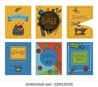 Vector doodle sewing banners. Vector tailoring tools icons. Sewing mannequin, machine, measuring and cutting supplies, Black outline. Sketch with professions