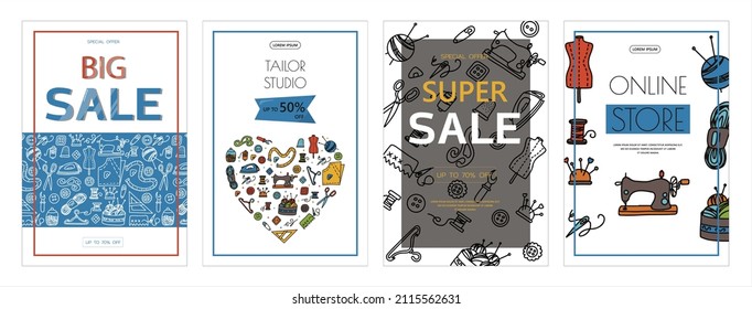 Vector doodle sewing banners. Vector tailoring tools icons. Sewing mannequin, machine, measuring and cutting supplies, Black outline. Sketch with professions