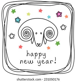 Vector doodle sheep. Happy new year 2015! Cute hand drawn childish invitation, greeting card. Holiday linear illustration for print, web