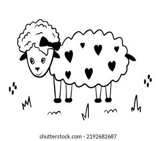 Vector doodle sheep with hearts. Coloring book page for kids
