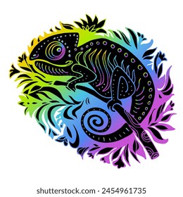 Vector Doodle Silhouette of Iridescent Chameleon Isolated on White. Hand Drawn Reptile Illustration in Cartoon Style. Sketch for Tattoo or Print. Tropical Animal Collection. 