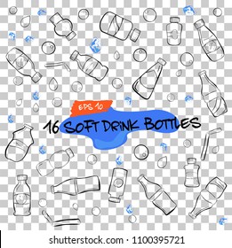vector doodle of sixteen soft drink bottles, water drop, bubble and ice cube