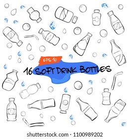 vector doodle of sixteen soft drink bottles, water drop, bubble and ice cube