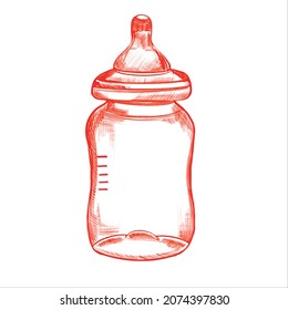 Vector Doodle Sketch Baby Bottle Red Lines