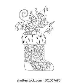 Vector doodle sketch Christmas boot with gift,  doll, toy for girl and candy cane isolated on background.