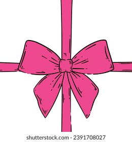 Vector doodle sketch of handdrawn pink line art bow on transparent background. Concept for winter holiday, happy New Year, Christmas, birthday, birthday. Template for postcard, post on social media