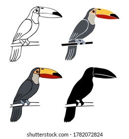 Vector doodle sketch image set of toucan silhouette isolated on white background. Toucan bird cartoon character. Symbol of the tropical climate. Hand drawn illustration. Tropical jungle nature design.