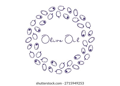 Vector doodle croquis de aceitunas corona de frutas para la dieta mediterránea o vegana. Bayas de olivo de marco redondo. Alimentos, cosméticos orgánicos naturales ilustración para invitaciones, etiquetas, embalaje, emblema, etiqueta engomada