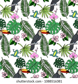 Vector doodle sketch seamless pattern of tropical plant isolated on white background. Tropical jungle design nature sign. Symbol of the tropical climate. Hand drawn color illustration.