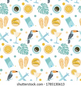Vector doodle sketch seamless pattern of cute summer icons: tropical plant, bird toucan, coffee, croissant, cocktail, flip-flops, plane isolated on white background. Tropical design of Travel, Summer.