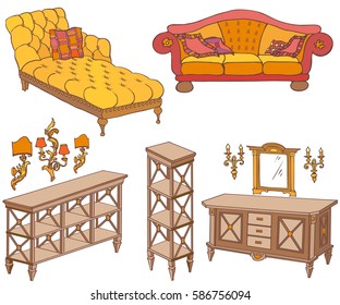  vector doodle,  sketch of a set of furniture bright red, yellow, brown, shelves, chest of drawers, sofa, couch, mirror, lamps,     