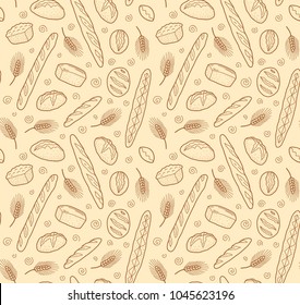 Vector doodle sketch style breads and baguettes bakery seamless pattern