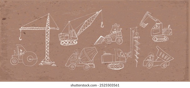 Vector doodle sketch of various construction vehicles, including cranes, excavators, trucks, and loaders, in hand-drawn style on brown parcel paper background.