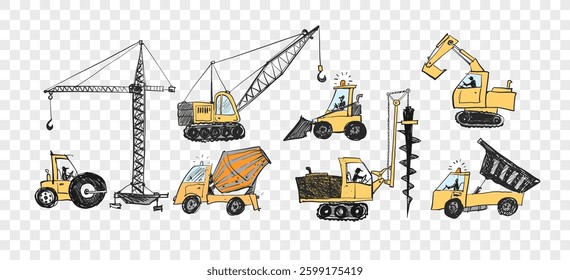 Vector doodle sketch of various construction vehicles, including cranes, excavators, trucks, and loaders, in hand-drawn style.