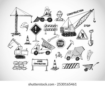 Vector doodle boceto de varios vehículos pesados de la construcción, incluyendo grúas, excavadoras, camiones y cargadores, en estilo dibujado a mano sobre fondo blanco.