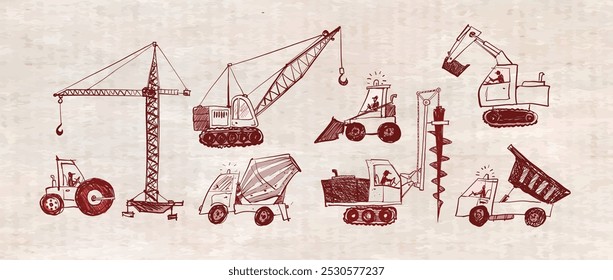 Vector doodle sketch of various heavy construction vehicles, including cranes, excavators, trucks, and loaders, in hand-drawn style on vintage paper background.