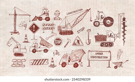 Vector doodle sketch of various heavy construction vehicles, including cranes, excavators, trucks, and loaders, in hand-drawn style on vintage background.