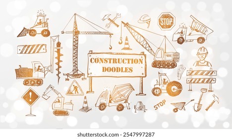 Vector doodle sketch of various heavy construction vehicles, including cranes, excavators, trucks, and loaders, in hand-drawn style on white shimmering background.