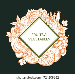 Vector doodle sketched fruits and vegetables vegan, healthy food emblem isolated on colored background. Hand drawn badge illustration