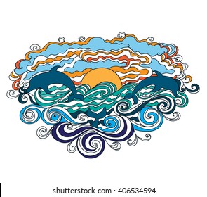 vector doodle  sky sun sea dolphins 